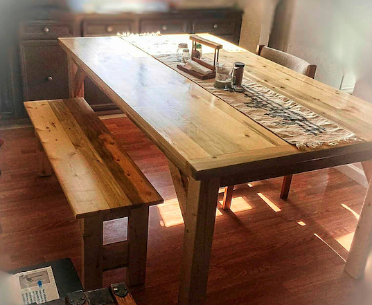 A blue pine farm table and bench I made for our friends at church. He's saved the pine for many years after his lodging days. Mortise and tenon construction.